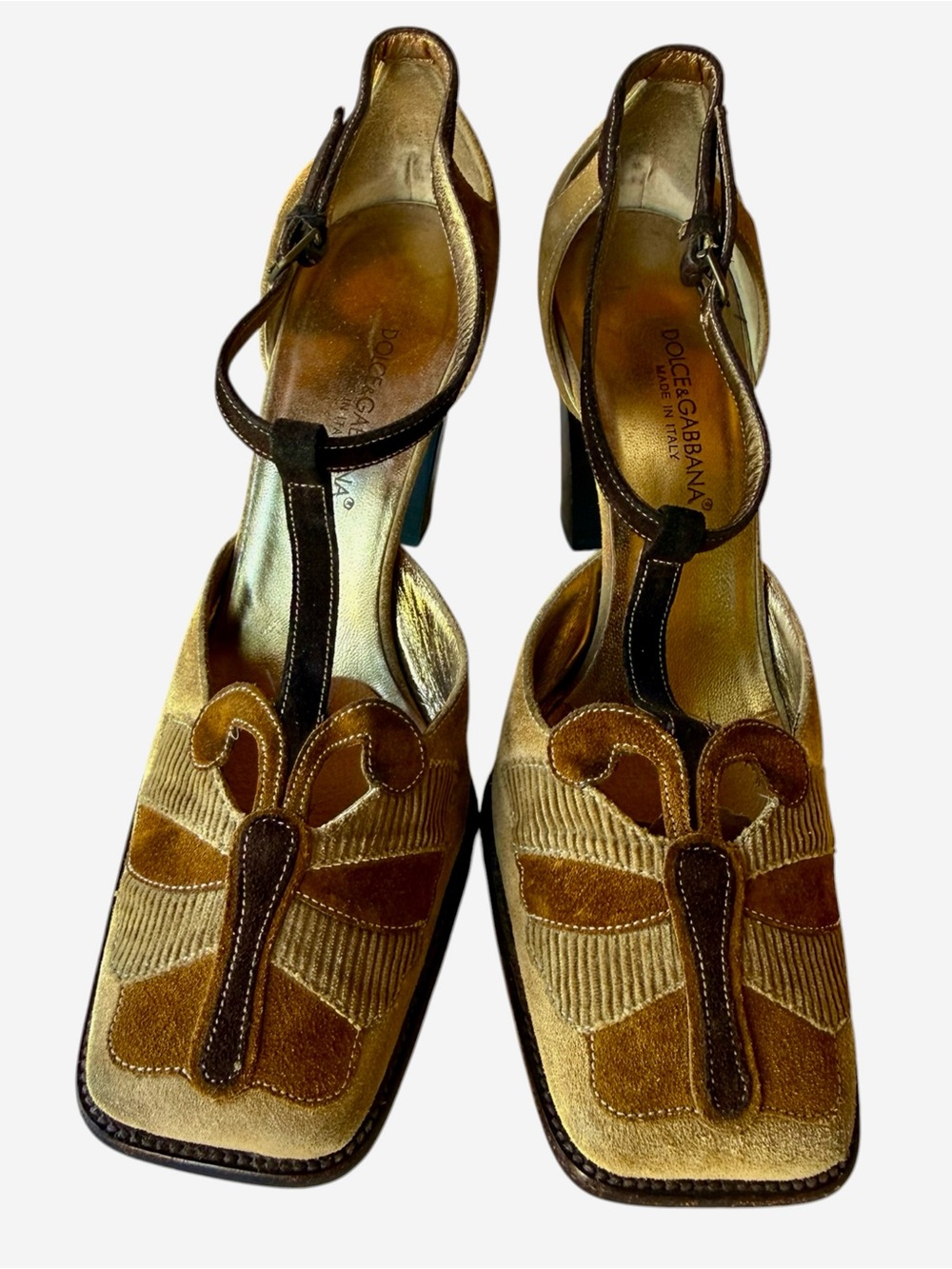 Vintage 90’s Dolce & Gabbana Suede/ Cord T-Strap Butterfly Block Heel Pumps